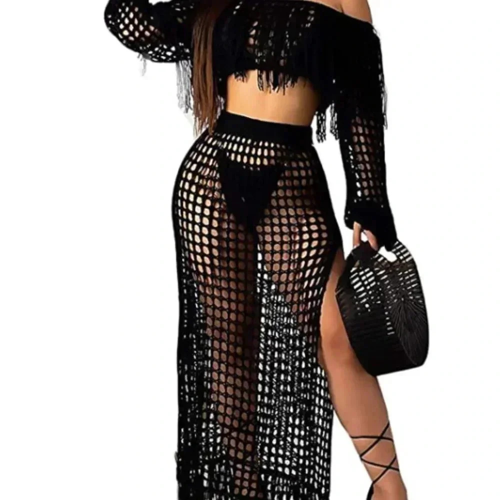 EXCLUSIVECB LUXURY WOMENS BLACK LOUNGE SET CROP TOP W/ MAXI SKIRT
